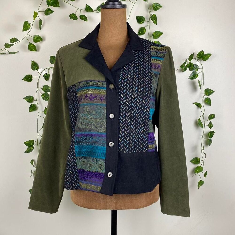 Vintage 90s patchwork suede jacket blazer padded shoulders paisley fairy grunge